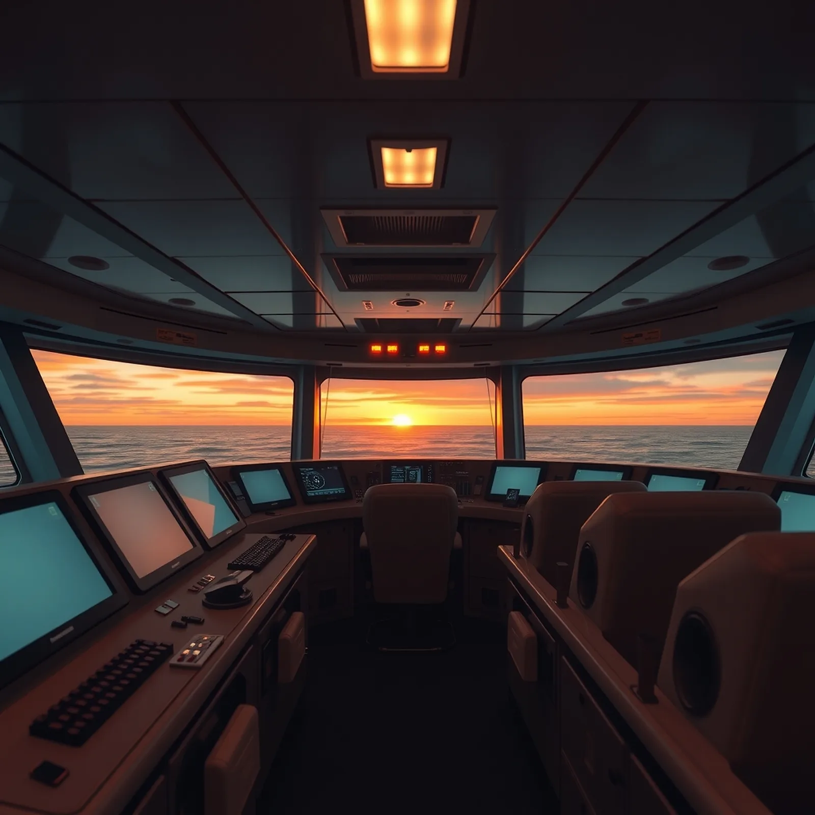 Ship bridge console at dusk