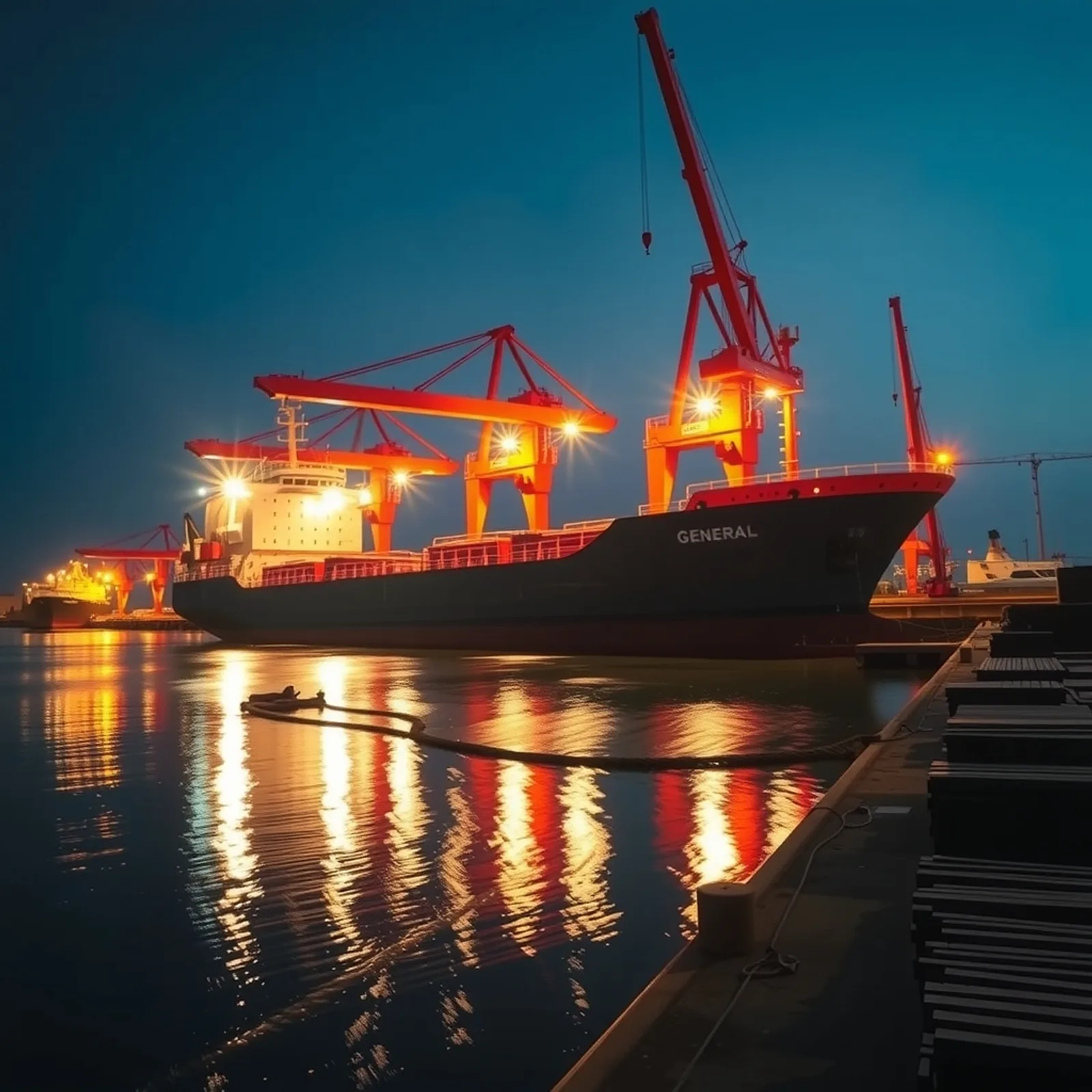 Cargo ship moored at a quay at blue hour