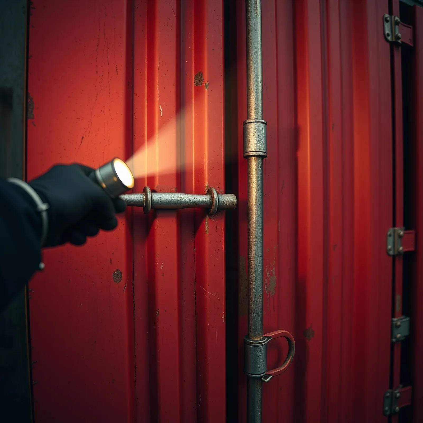 Torch inspecting the seal on a red container door
