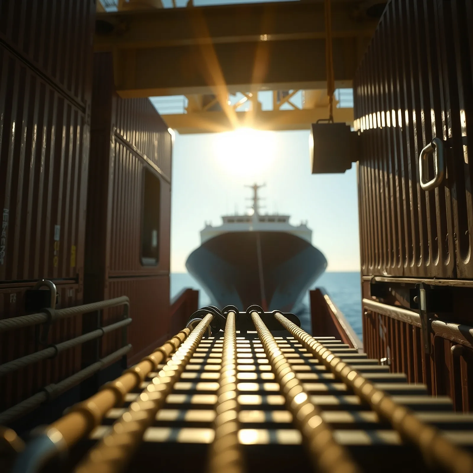 Lashing rods on a container ship deck with sun flare