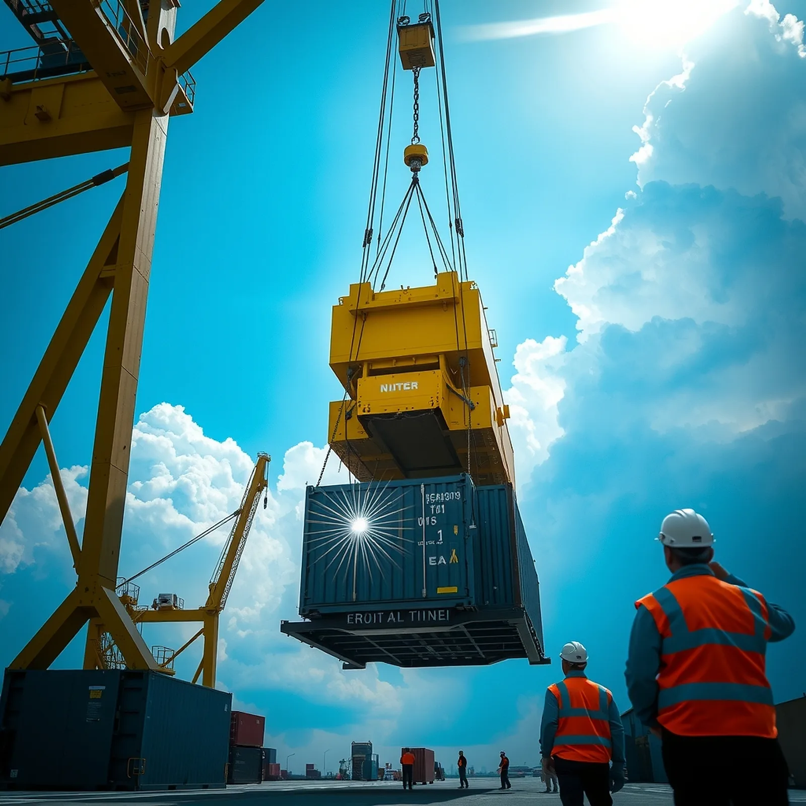 Flat-rack container loaded by crane