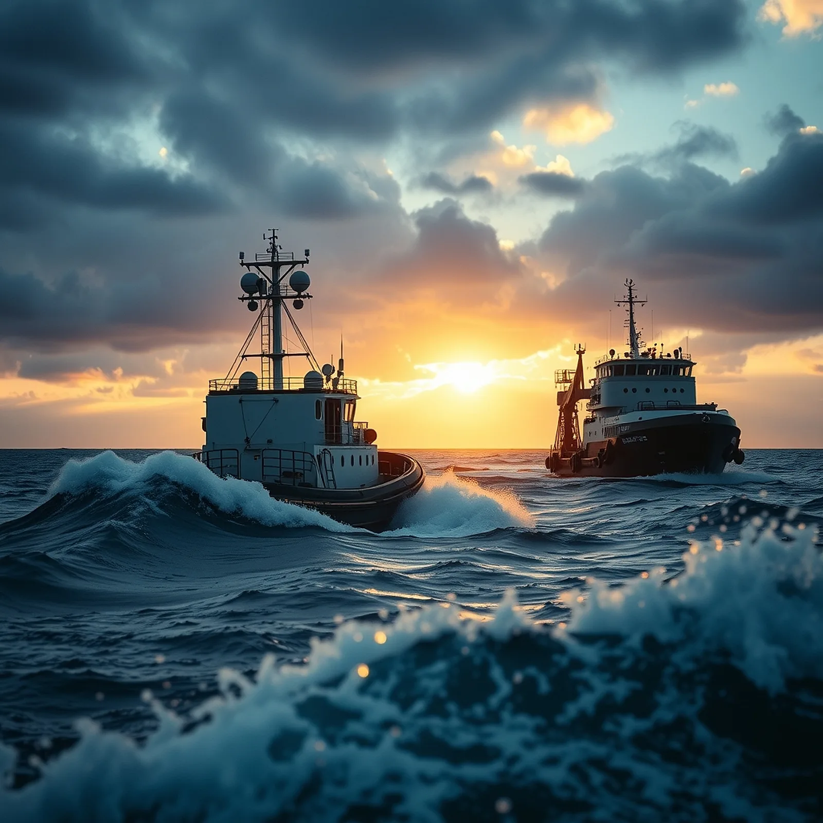 Harbour tug and supply vessel in a rough sea at dawn